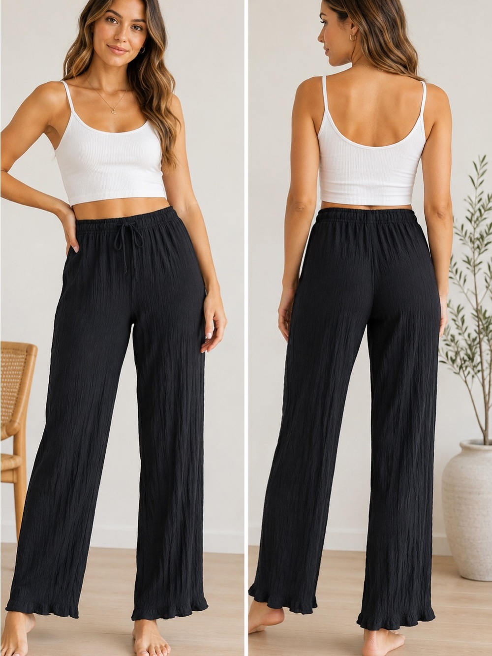 Zara Women’s Black Textured Straight Leg Pants Size XL Elastic Waist Drawstring